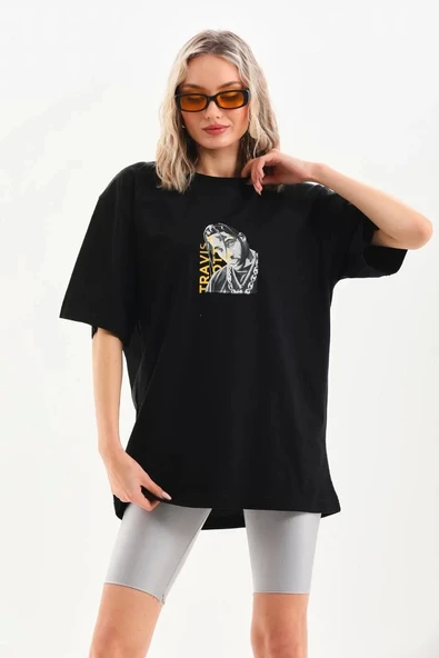 Unisex Baskılı Oversize T-Shirt - Siyah - 8