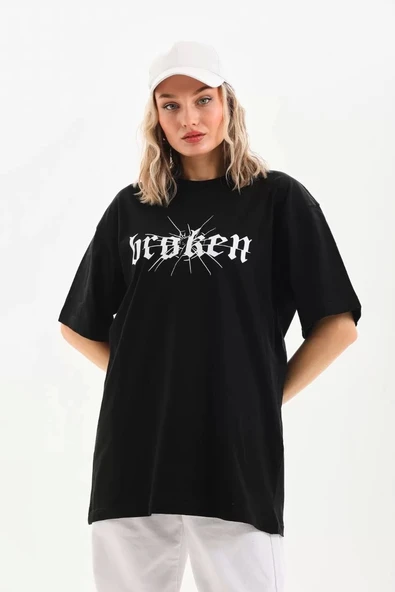 Unisex Baskılı Oversize T-Shirt - Siyah - Resim 6