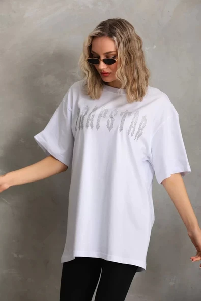 Unisex Taş Desenli Oversize T-Shirt - Beyaz - Resim 7