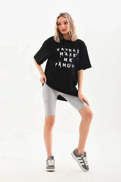 Unisex Baskılı Oversize T-Shirt - Siyah - Resim 4