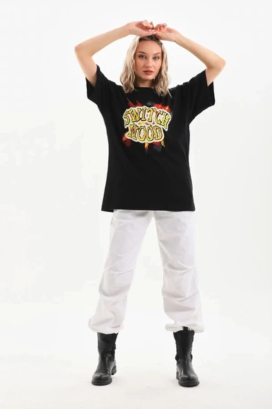 Unisex Baskılı Oversize T-Shirt - Siyah - Resim 4