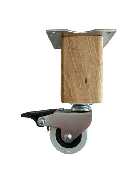 Kale Ahşap Tekerli Ayak Mobilya Masa Dolap Tekerli Ayağı(FRENLİ)(12CM - 15CM)(CEVİZ AĞACI) Açık Ceviz 15cm FRENLİ 15cm - 2 ADET - Resim 2