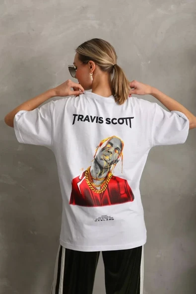 Unisex Baskılı Oversize T-Shirt - Beyaz - Resim 5