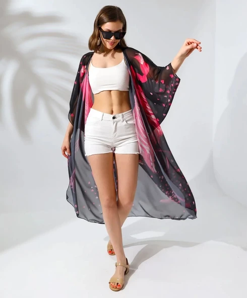 Kadın Rahat Kesim Şifon Kimono - Siyah - Resim 4