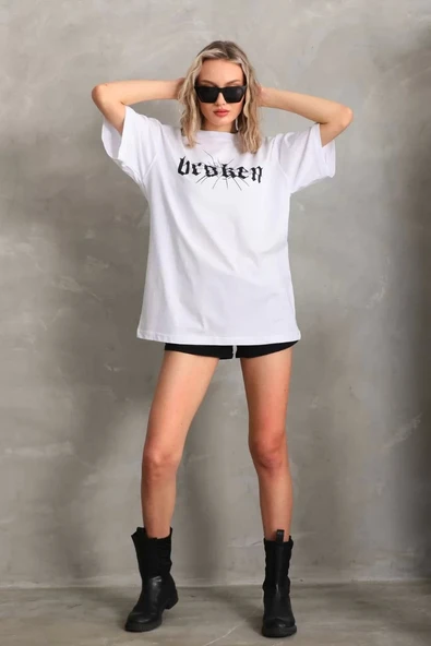 Unisex Baskılı Oversize T-Shirt - Beyaz - Resim 6