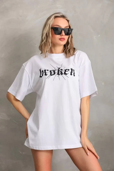 Unisex Baskılı Oversize T-Shirt - Beyaz ürün görseli 1