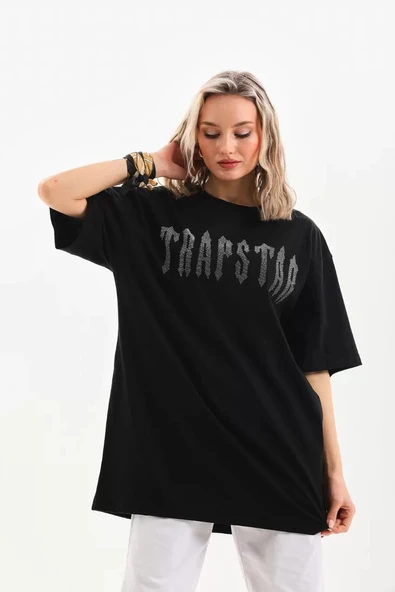 Unisex Taş Desenli Oversize T-Shirt - Siyah - Resim 7