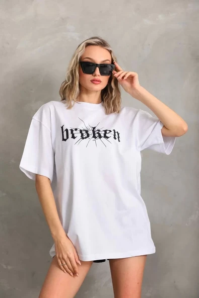 Unisex Baskılı Oversize T-Shirt - Beyaz - Resim 4