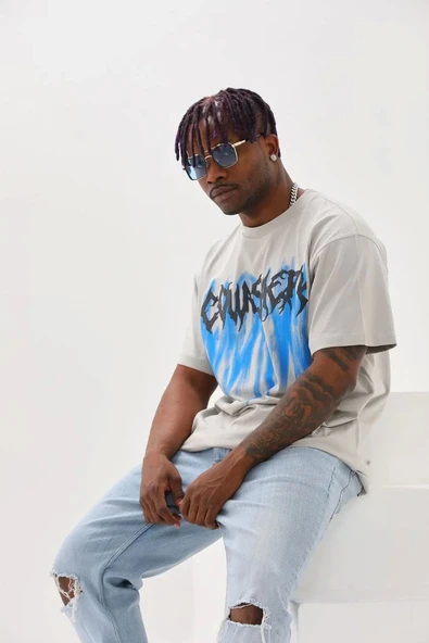 Unisex Baskılı Oversize T-Shirt - Gri - Resim 8