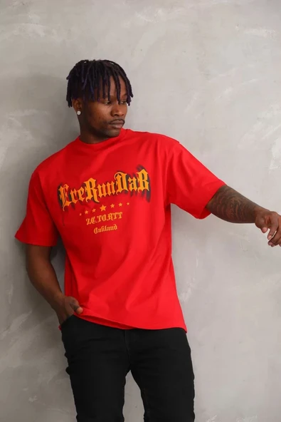 Unisex Baskılı Oversize T-Shirt - Kırmızı - Resim 6