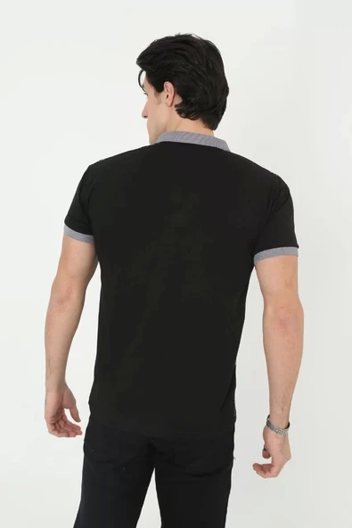 Erkek Yakalı Slim Fit Baskılı T-Shirt - Siyah - Resim 2