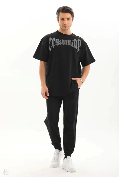Unisex Oversize Taşlı T-Shirt - Siyah - Resim 4