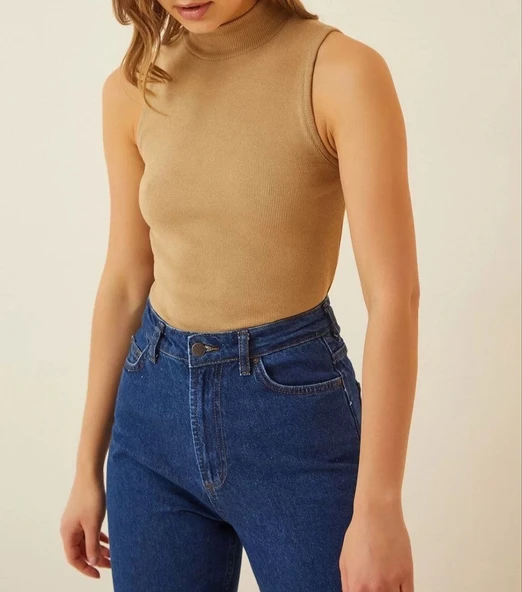 Kadın Full Likralı Fitilli Kaşkorse Body - Camel - Resim 5