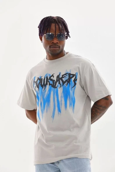 Unisex Baskılı Oversize T-Shirt - Gri - Resim 4