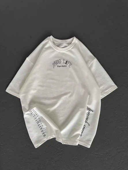 Unisex Baskılı Oversize T-Shirt - Beyaz - Resim 4