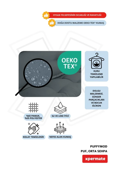 XPERMATE PuffyMod Dekoratif Kare Puf Orta Sehpa Ayak Uzatma Puf 40x40 cm Gri - Resim 3