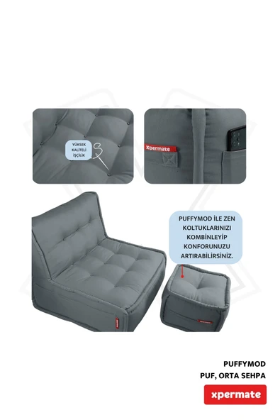 XPERMATE PuffyMod Dekoratif Kare Puf Orta Sehpa Ayak Uzatma Puf 40x40 cm Gri - Resim 4