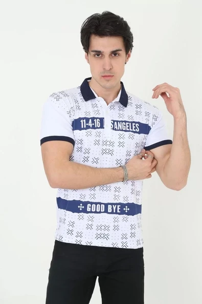 Erkek Yakalı Slim Fit Baskılı T-Shirt - Beyaz ürün görseli 1