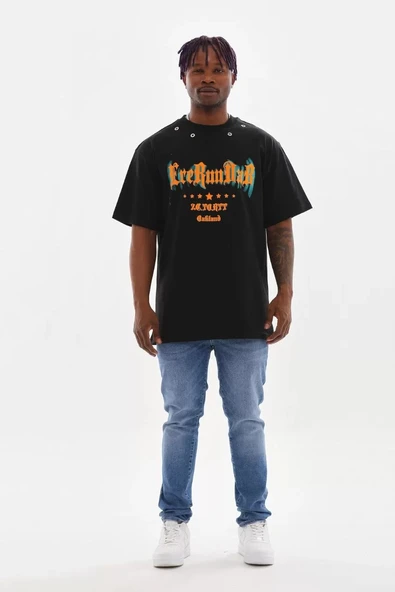 Unisex Kuşgözü Detaylı Baskılı Oversize T-Shirt - Siyah - Resim 5