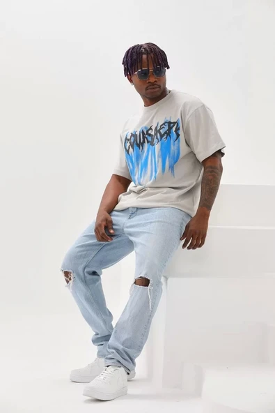 Unisex Baskılı Oversize T-Shirt - Gri - Resim 6