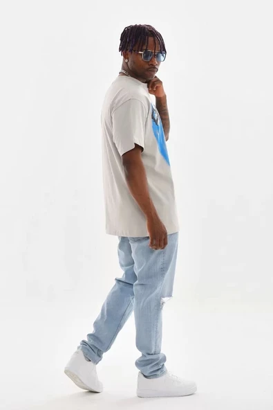 Unisex Baskılı Oversize T-Shirt - Gri - Resim 5