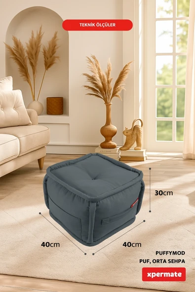 XPERMATE PuffyMod Dekoratif Kare Puf Orta Sehpa Ayak Uzatma Puf 40x40 cm Gri - Resim 2