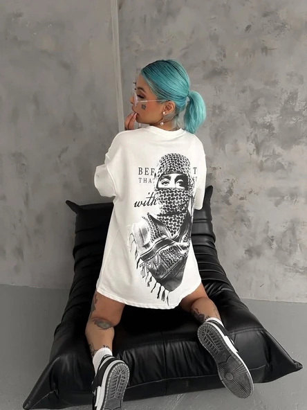 Unisex Baskılı Oversize T-Shirt - Beyaz ürün görseli 1