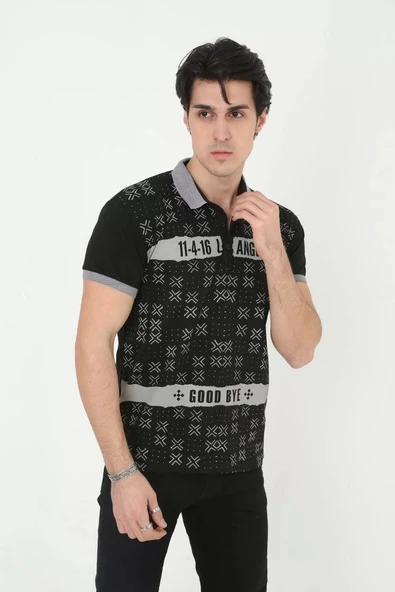 Erkek Yakalı Slim Fit Baskılı T-Shirt - Siyah ürün görseli 1