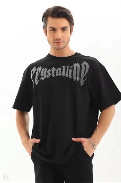 Unisex Oversize Taşlı T-Shirt - Siyah - Resim 2