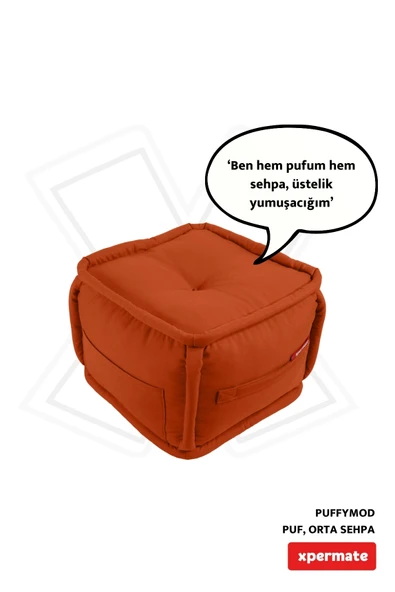 XPERMATE PuffyMod Dekoratif Kare Puf Orta Sehpa Ayak Uzatma Puf 40x40 cm Kiremit - 1