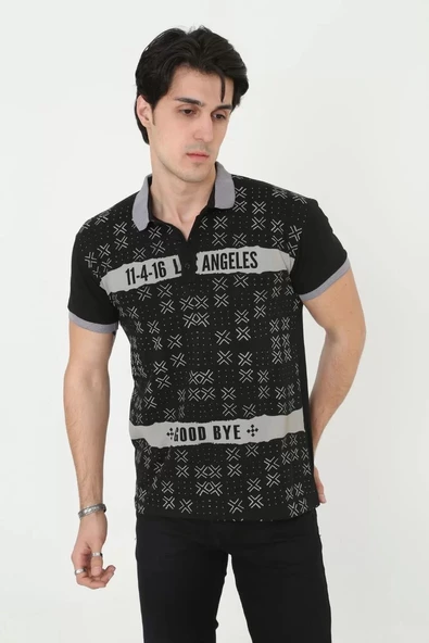 Erkek Yakalı Slim Fit Baskılı T-Shirt - Siyah - Resim 5