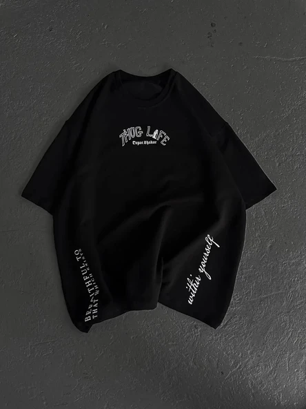 Unisex Baskılı Oversize T-Shirt - Siyah - Resim 4