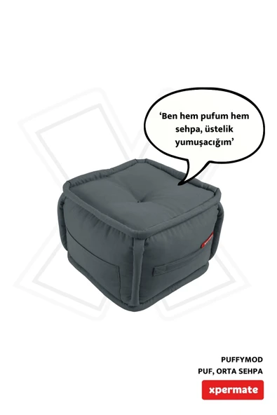 XPERMATE PuffyMod Dekoratif Kare Puf Orta Sehpa Ayak Uzatma Puf 40x40 cm Gri ürün görseli