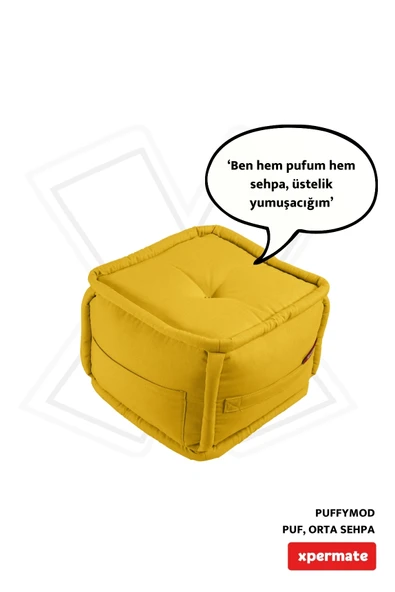 XPERMATE PuffyMod Dekoratif Kare Puf Orta Sehpa Ayak Uzatma Puf 40x40 cm Sarı - 1