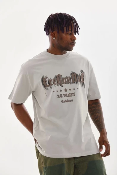 Unisex Baskılı Oversize T-Shirt - Gri - Resim 3