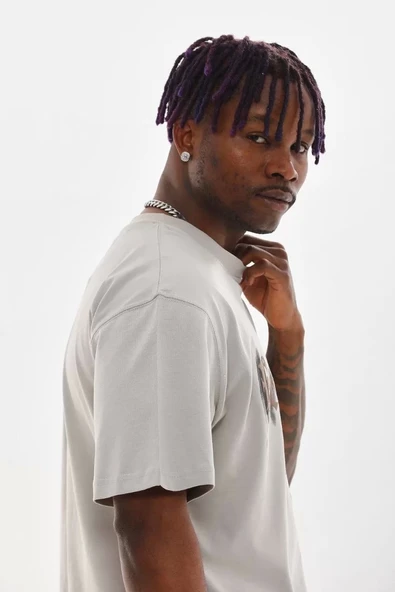 Unisex Baskılı Oversize T-Shirt - Gri - Resim 5