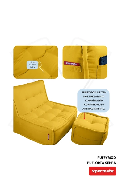 XPERMATE PuffyMod Dekoratif Kare Puf Orta Sehpa Ayak Uzatma Puf 40x40 cm Sarı - 4