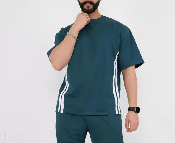 Unisex Oversize Yanları Şeritli T-Shirt - Cam Göbeği ürün görseli 1