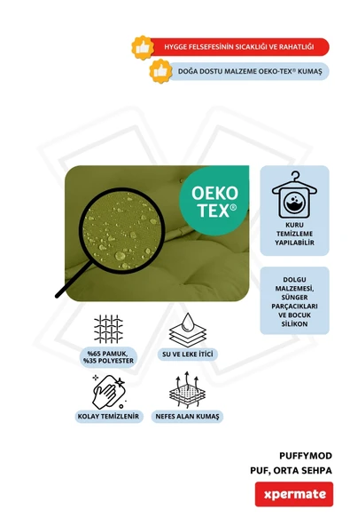 XPERMATE PuffyMod Dekoratif Kare Puf Orta Sehpa Ayak Uzatma Puf 40x40 cm Yeşil - Resim 3