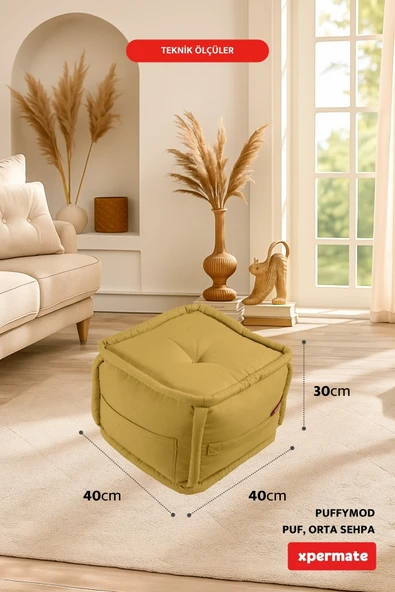 XPERMATE PuffyMod Dekoratif Kare Puf Orta Sehpa Ayak Uzatma Puf 40x40 cm Hardal - Resim 2