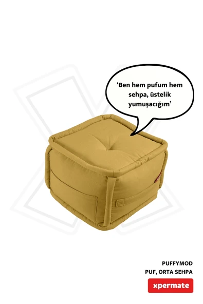 XPERMATE PuffyMod Dekoratif Kare Puf Orta Sehpa Ayak Uzatma Puf 40x40 cm Hardal ürün görseli