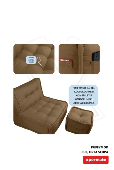 XPERMATE PuffyMod Dekoratif Kare Puf Orta Sehpa Ayak Uzatma Puf 40x40 cm Kahverengi - Resim 4