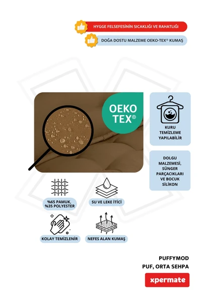 XPERMATE PuffyMod Dekoratif Kare Puf Orta Sehpa Ayak Uzatma Puf 40x40 cm Kahverengi - Resim 3