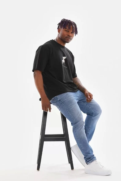 Unisex Baskılı Oversize T-Shirt - Siyah - Resim 4