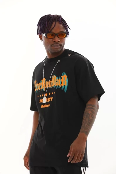 Unisex Oversize Kolye Dahil T-Shirt - Siyah - 2