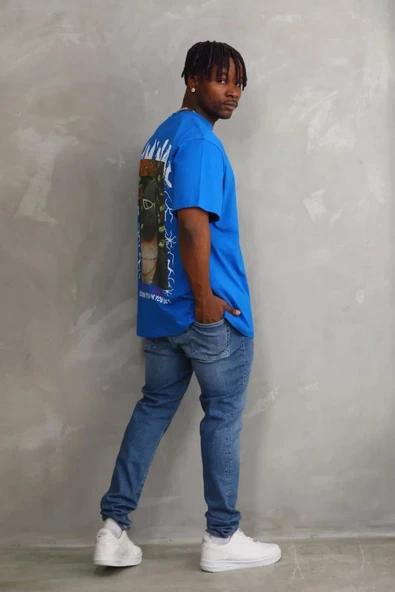 Unisex Baskılı Oversize T-Shirt - Mavi - Resim 5