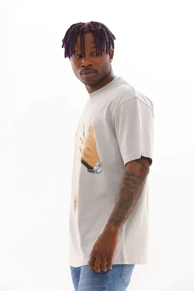 Unisex Baskılı Oversize T-Shirt - Gri - Resim 7