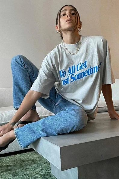 Unisex Baskılı Oversize T-Shirt - Beyaz - Resim 5