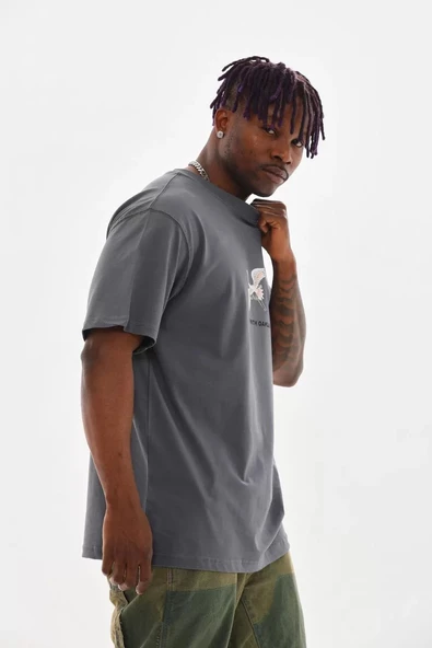 Unisex Baskılı Oversize T-Shirt - Füme - Resim 6