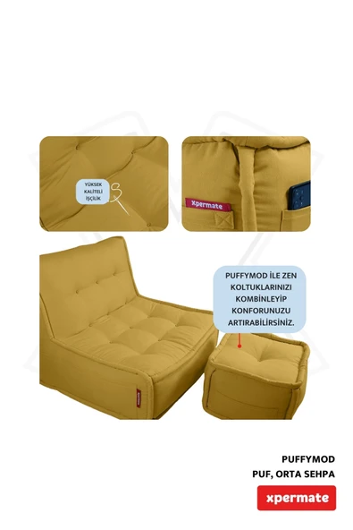 XPERMATE PuffyMod Dekoratif Kare Puf Orta Sehpa Ayak Uzatma Puf 40x40 cm Hardal - Resim 4